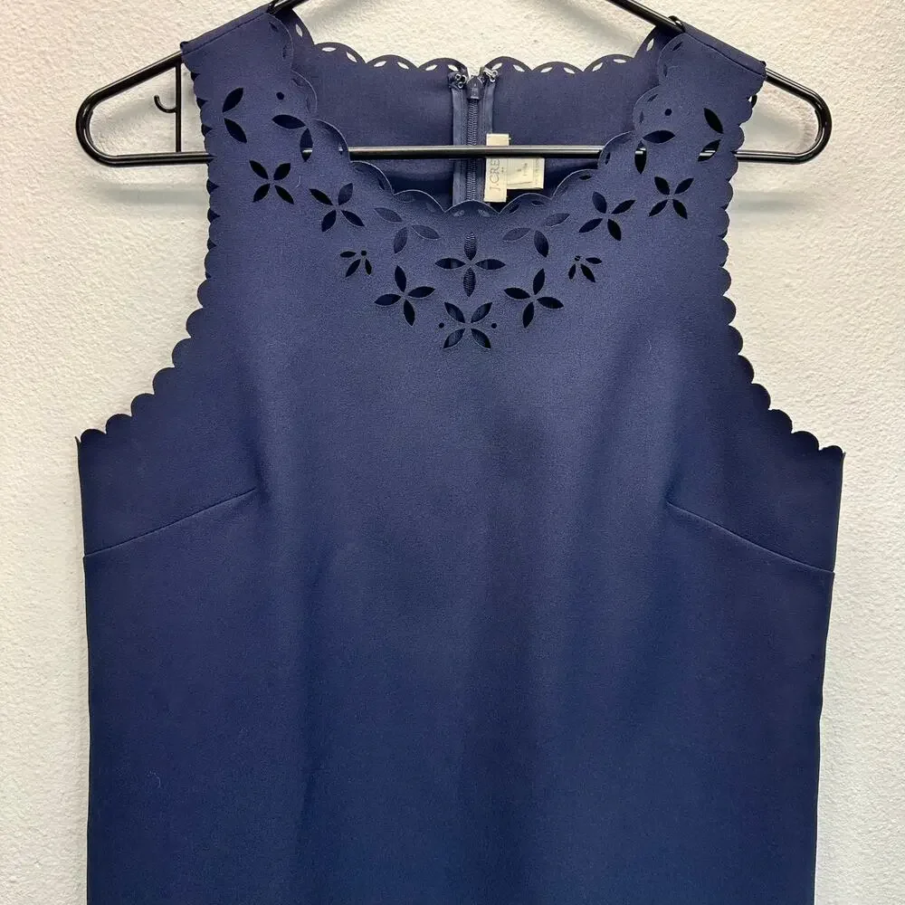J. Crew Blue Laser Cut Detailed Sheath Dress Scallop Edges Size 8P